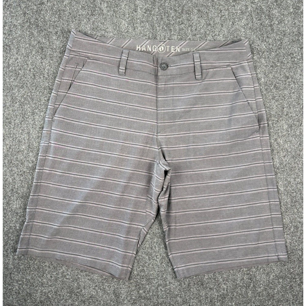 Hang Ten Mens Hybrid Shorts Size 34 Grey Purple Striped Board Shorts Surf Casual